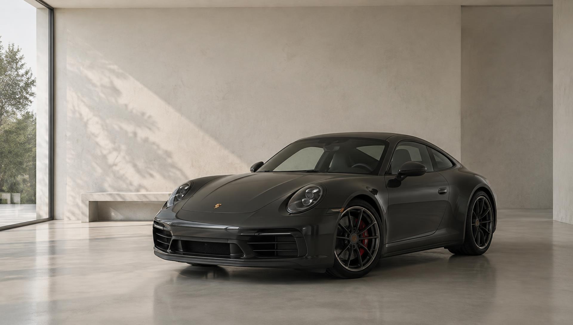 Porsche 911 in een lichte betonnen showroom