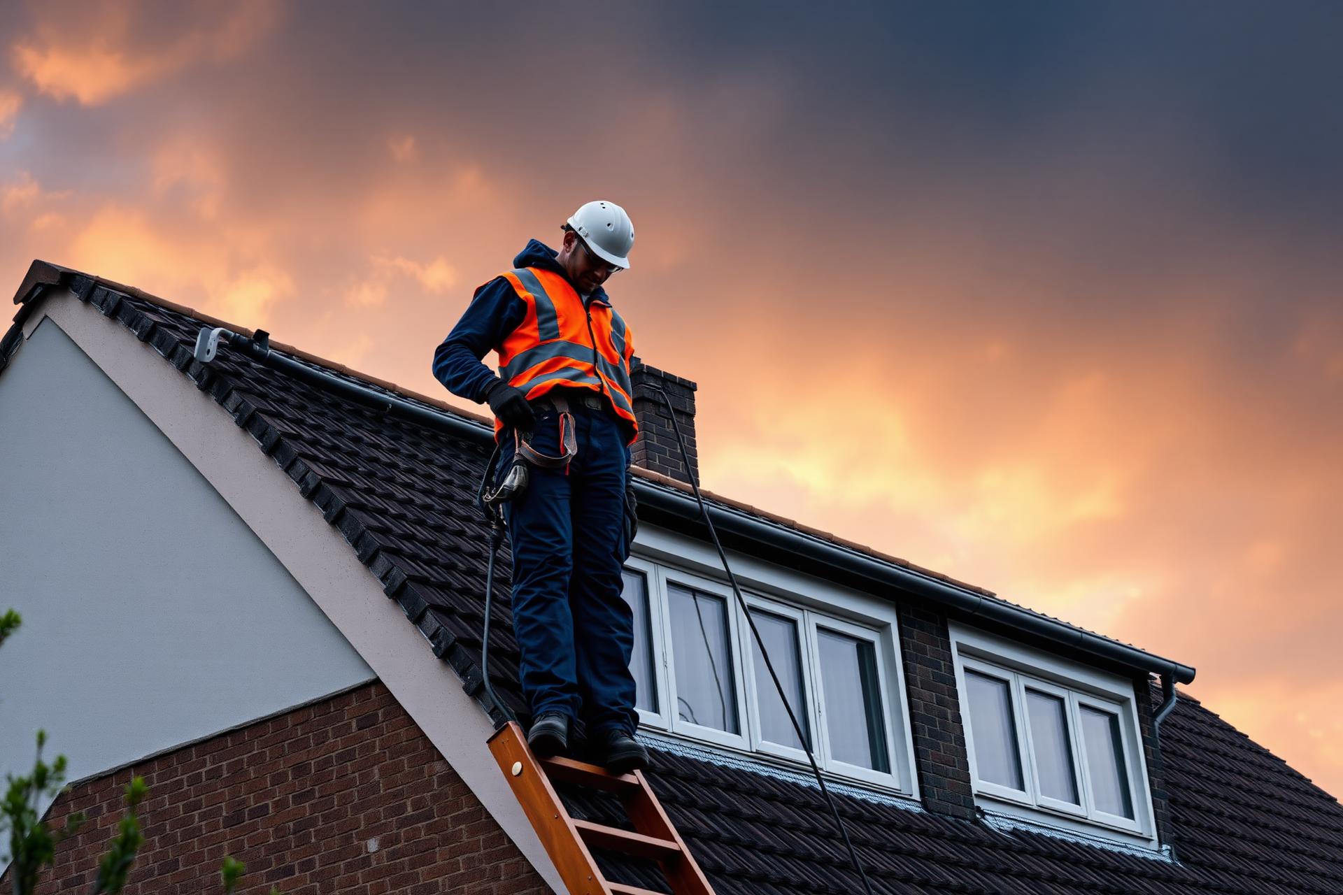 Vakman aan het werk op het dak